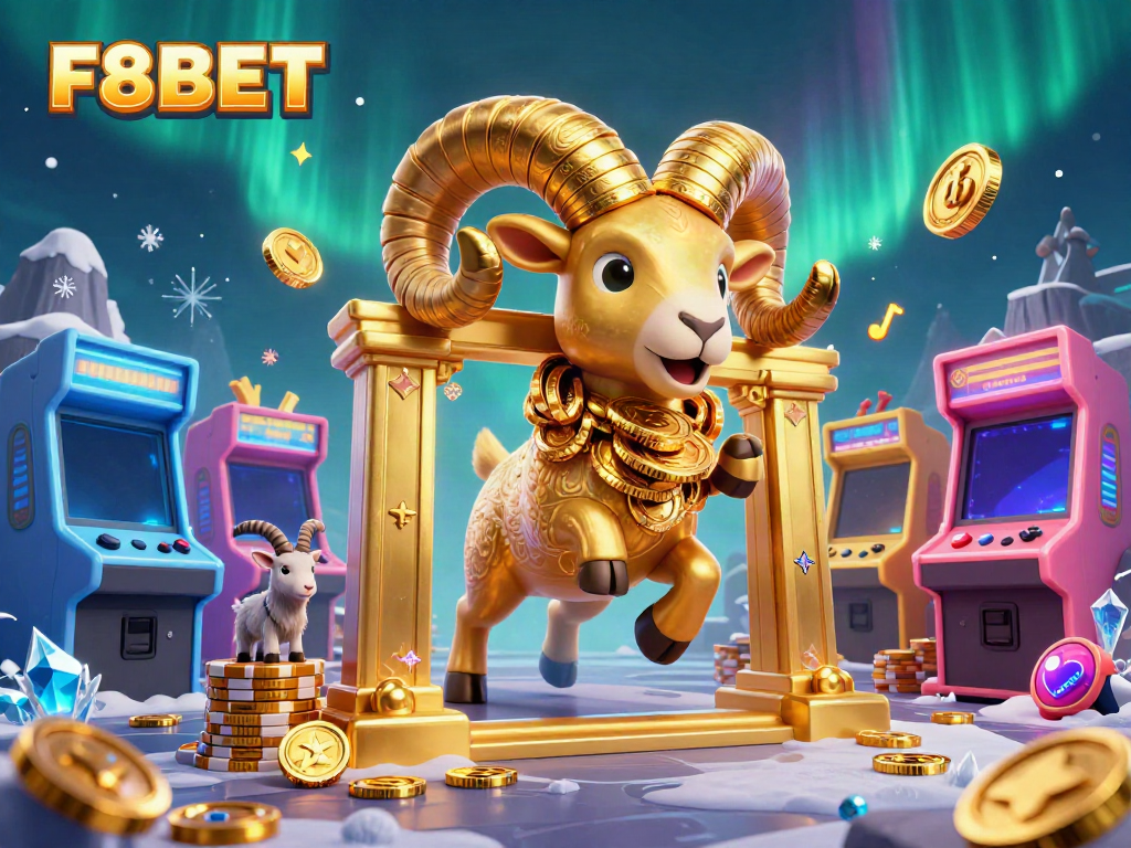 Experience the thrill of F8BET's vibrant gaming universe featuring a golden ram and arcade elements.