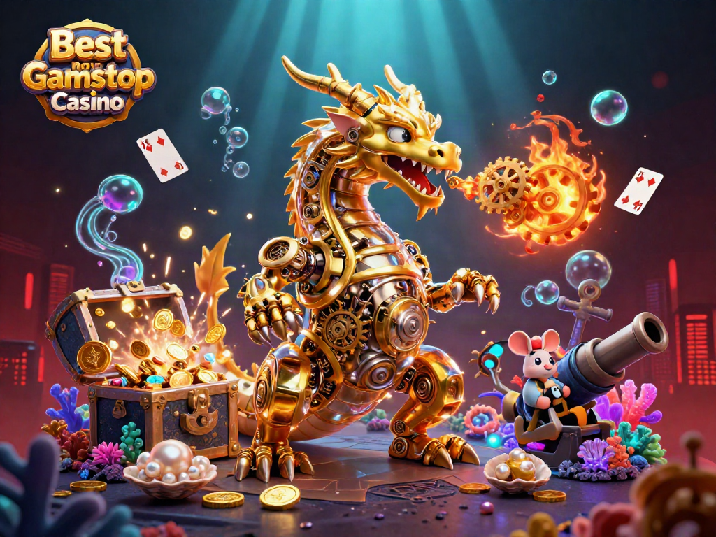 Engage with the Best non Gamstop Casino through a fantastical scene of a steampunk dragon managing treasure-filled adventures.