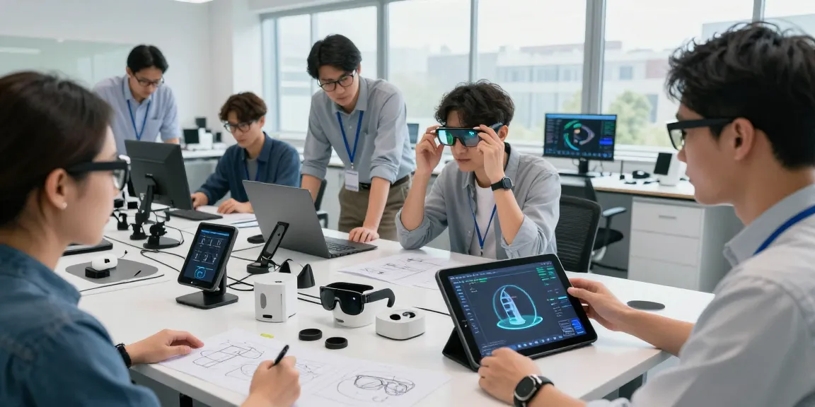 Innovative engineers and designers developing smart glasses prototypes in a modern eyewear lab.