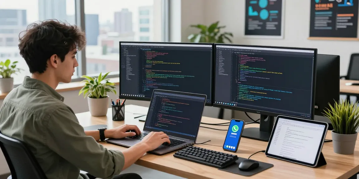 Developer coding WhatsApp下載 on multiple screens in a bright tech workspace.