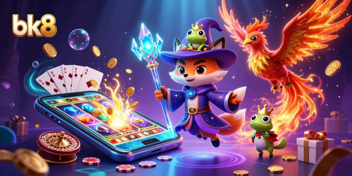 Spin the reels with bk8's enchanting wizard fox and fiery phoenix in this vibrant casino scene.