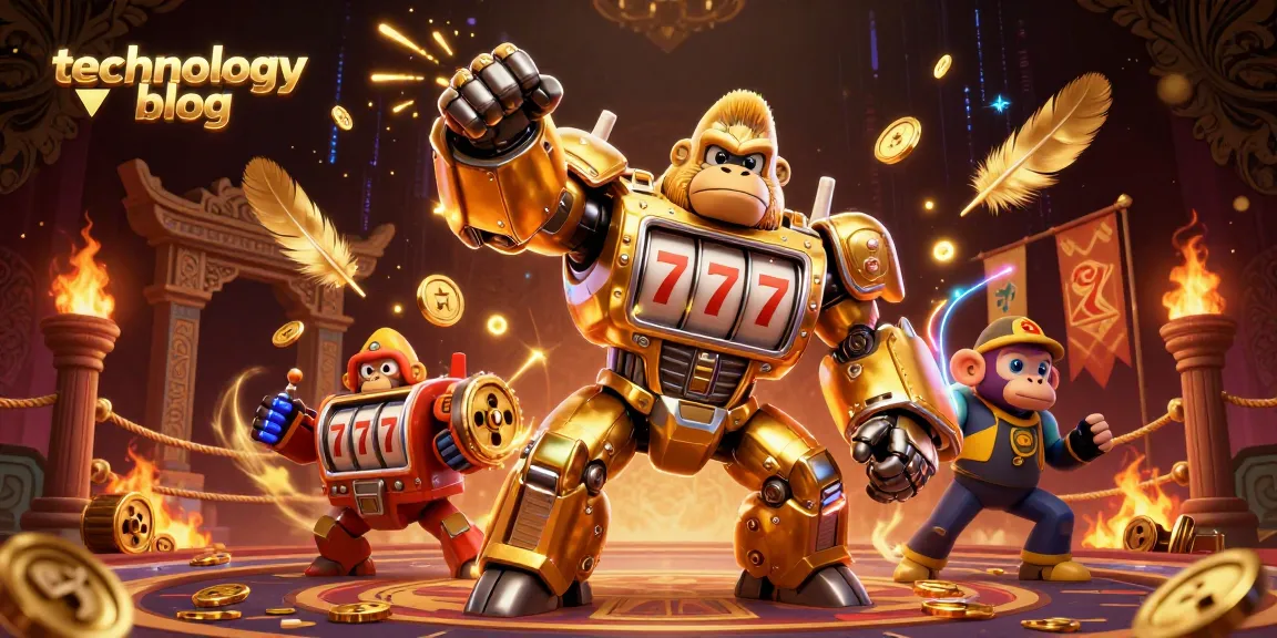 Spin to win with our technology blog's golden gorilla mech illustration amidst a vibrant casino scene.