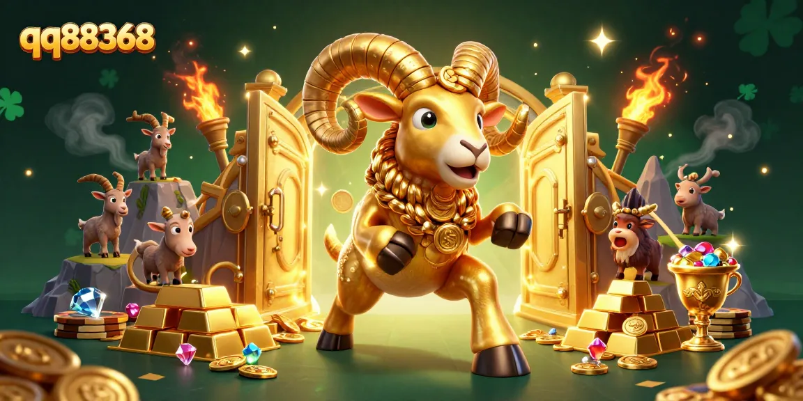 Bet on qq88368 with the golden ram charging through a treasure-filled casino world.