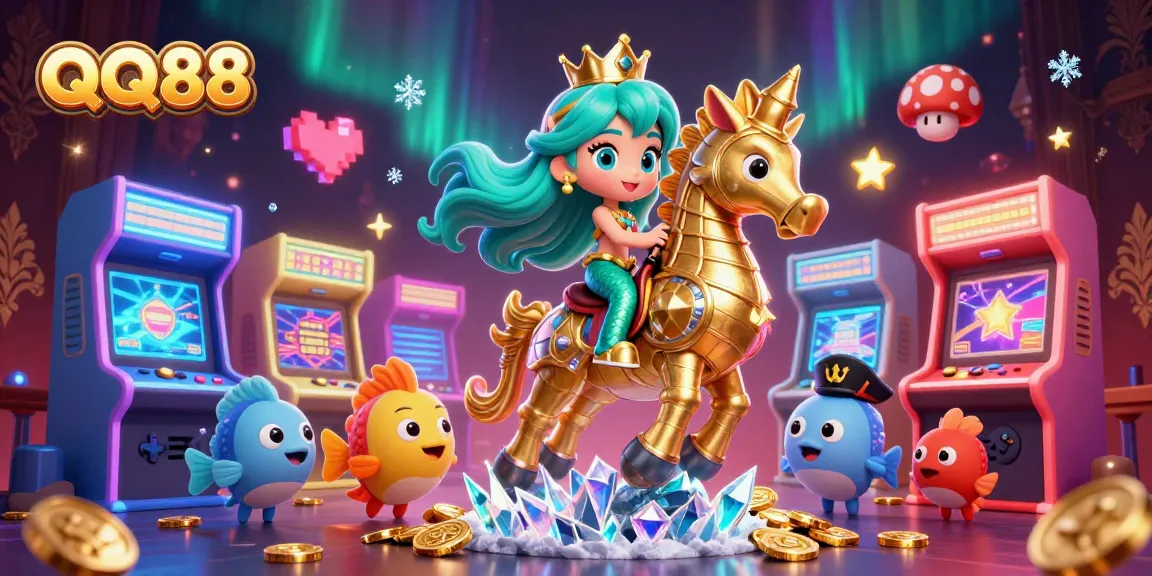 Experience thrilling gameplay with QQ88's mermaid princess and her seahorse companion in a vibrant casino adventure.