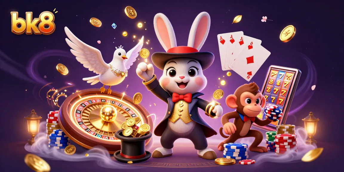 Experience bk8 casino magic with a 3D rabbit, dove, and monkey in an exhilarating scene.