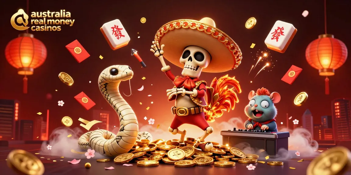 Dynamic scene embodying australia real money casinos, featuring dancing characters among vibrant gambling elements.